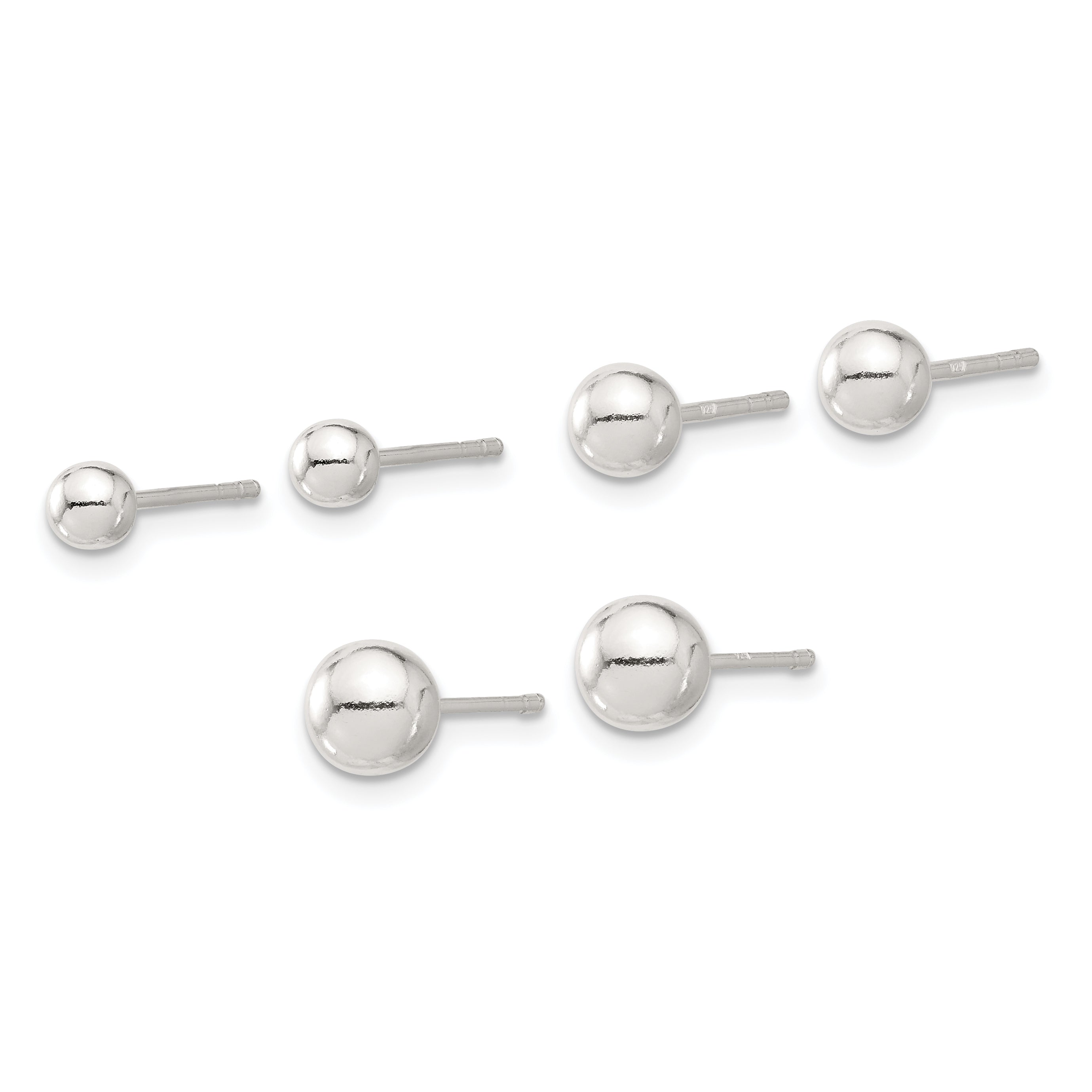 Sterling Silver E-coated 4mm 5mm and 6mm Ball Post Earring Set