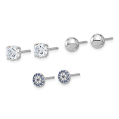 Sterling Silver Rhod-plated CZ Glass Crystal Ball 3 Pair Earrings Set