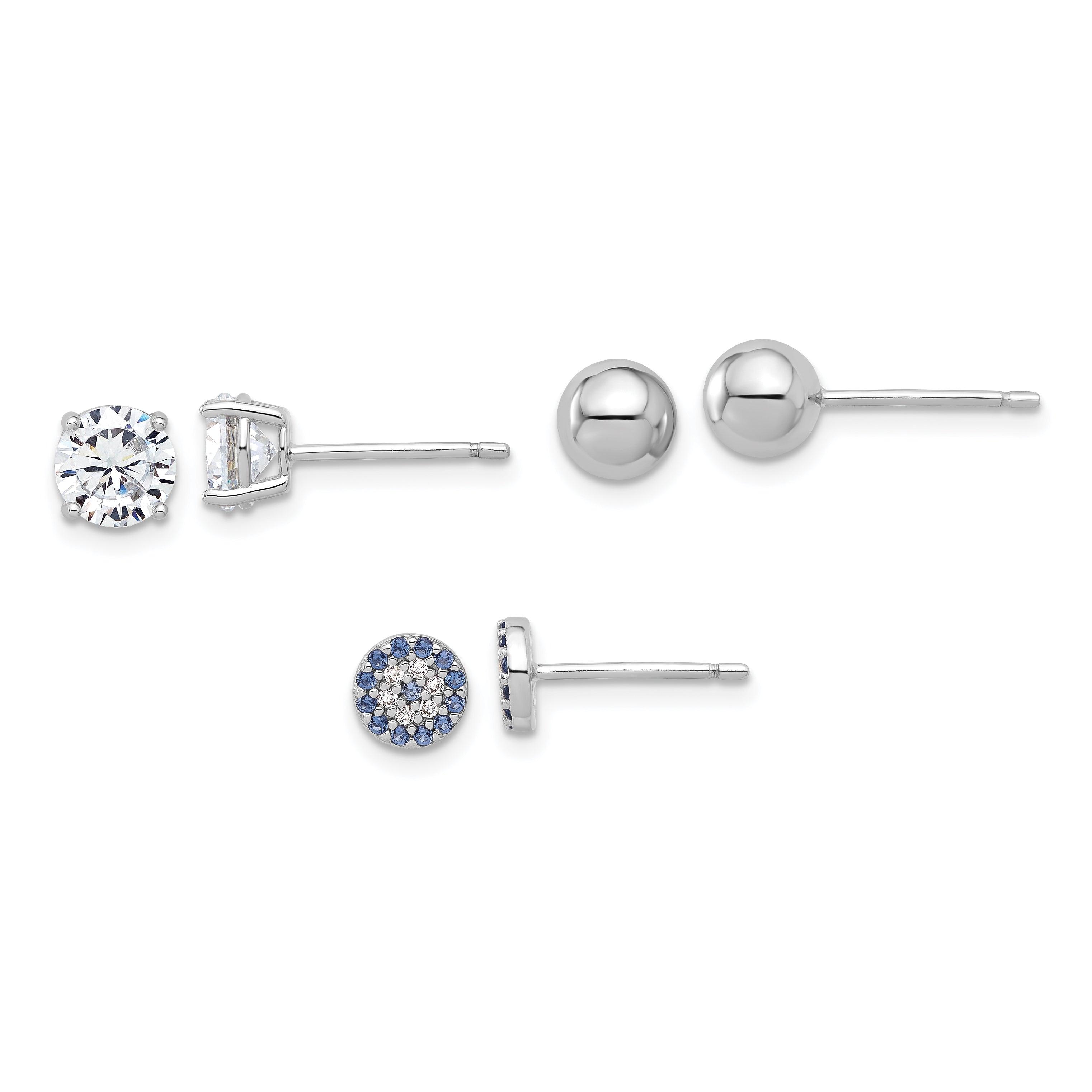 Sterling Silver Rhod-plated CZ Glass Crystal Ball 3 Pair Earrings Set