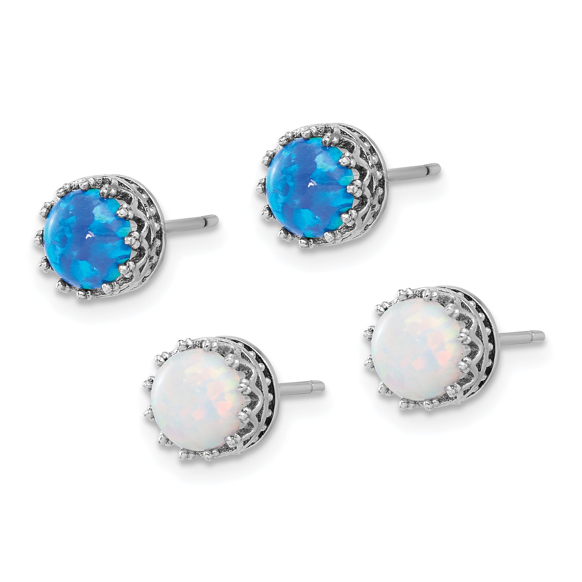 Sterling Silver Rh-plated 7mm Cr. Blue Opal / White Opal Post Earring Set