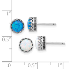 Sterling Silver Rh-plated 7mm Cr. Blue Opal / White Opal Post Earring Set