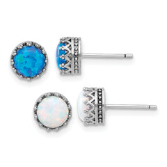 Sterling Silver Rh-plated 7mm Cr. Blue Opal / White Opal Post Earring Set