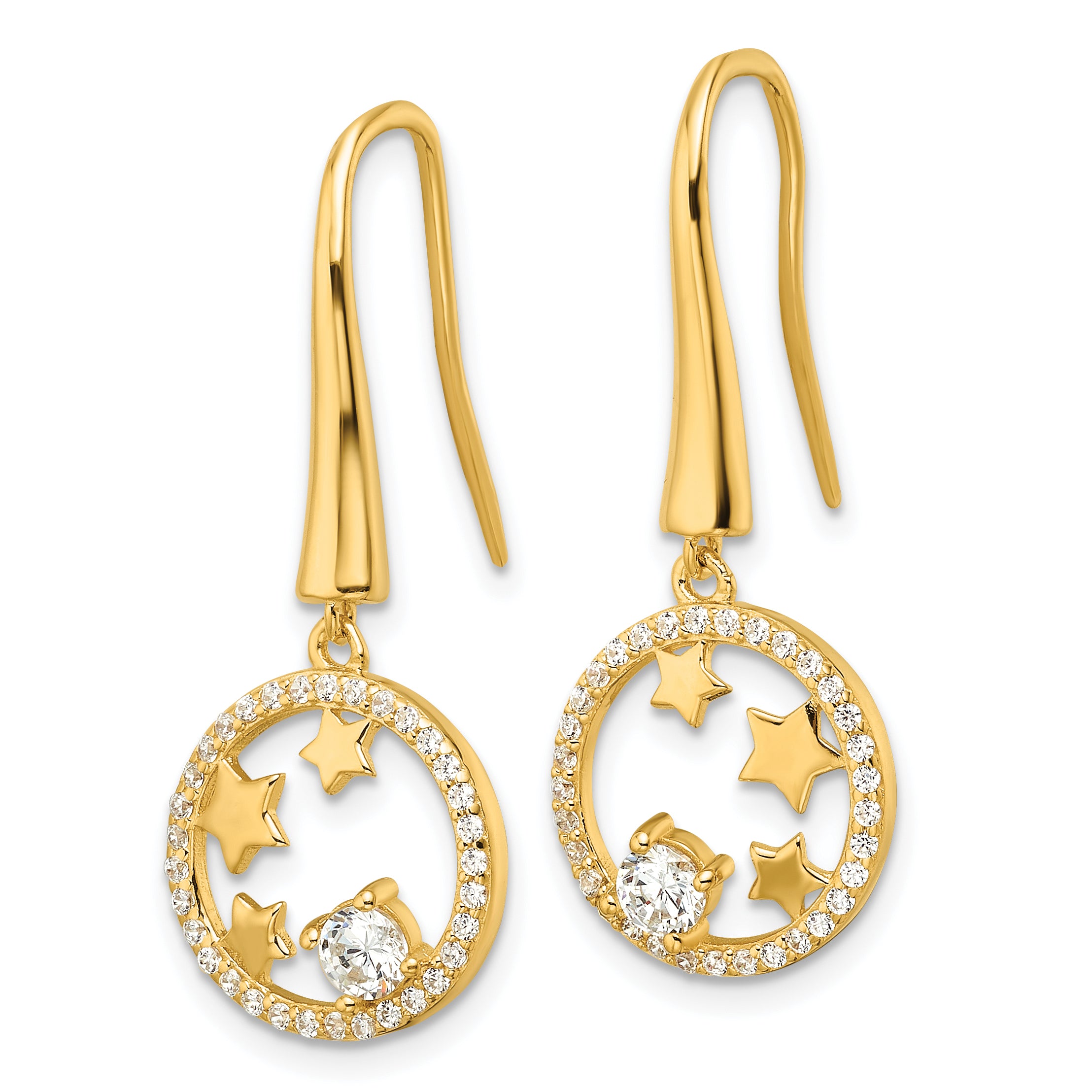 Sterling Silver Gold-plated CZ Stars Circle Shepherd Hook Earrings