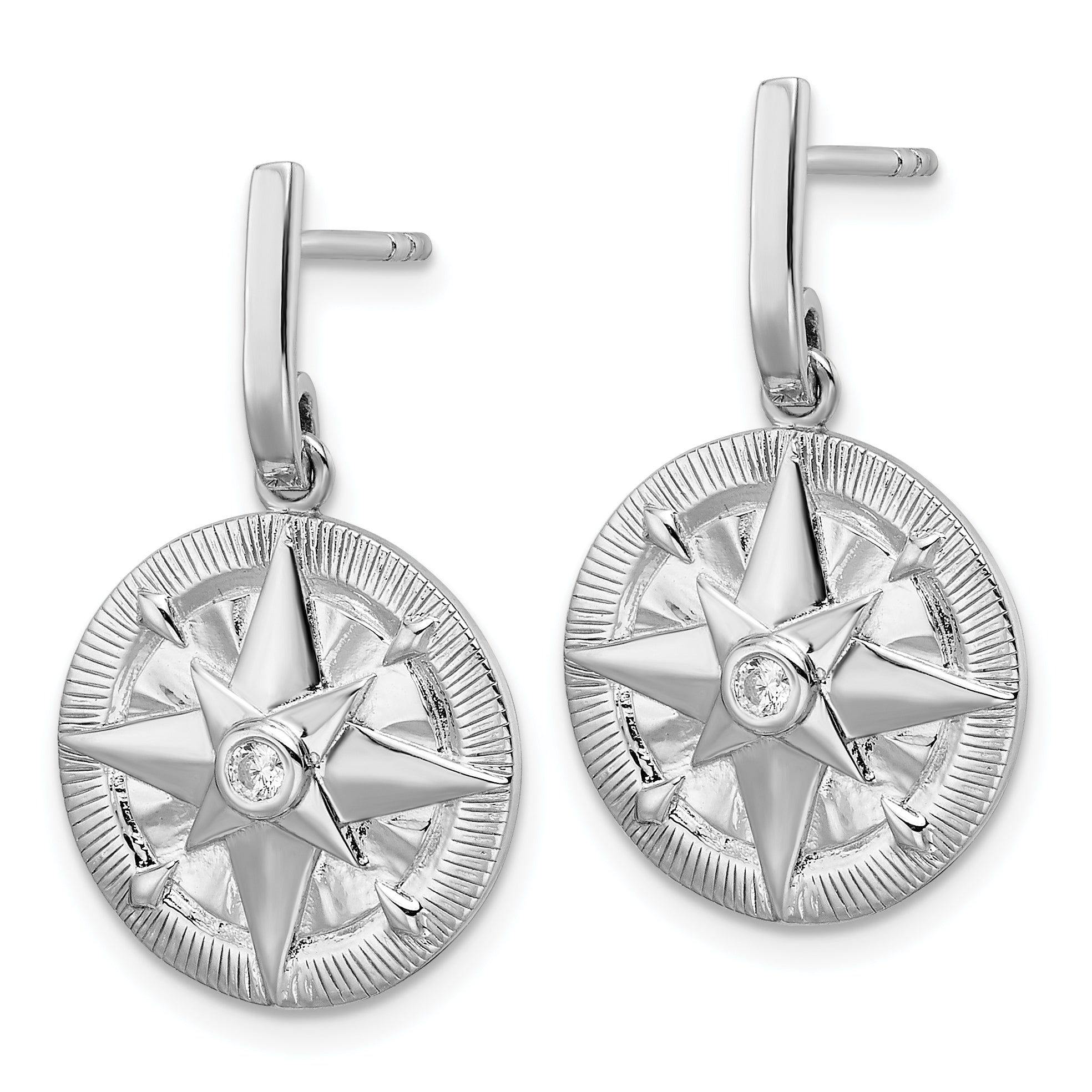 Sterling Silver Rhodium-plated Polished CZ Compass Dangle Post Earrings