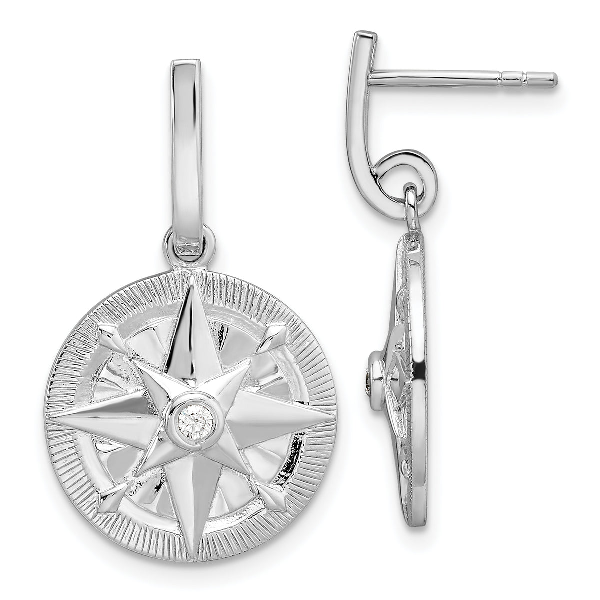 Sterling Silver Rhodium-plated Polished CZ Compass Dangle Post Earrings