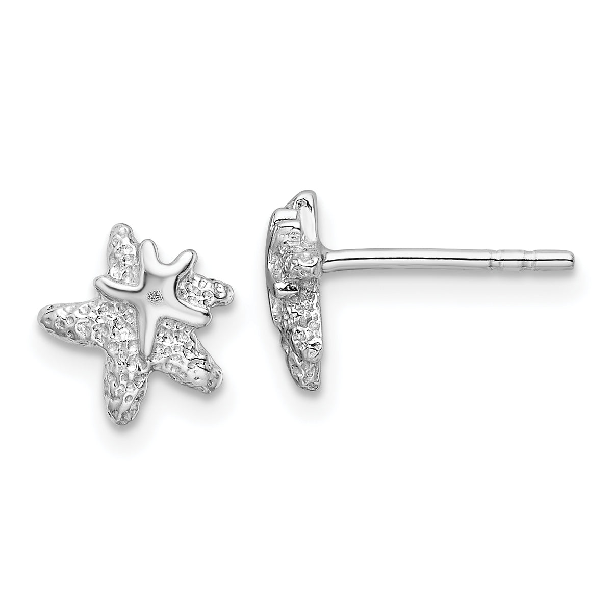 Sterling Silver RH-plated Polished and Textured Starfish Earrings