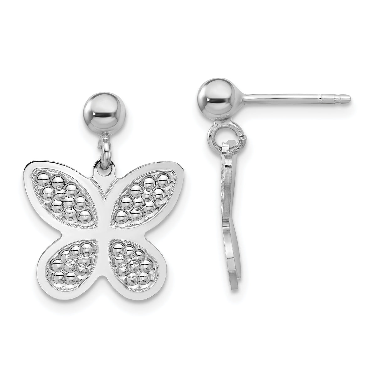 Sterling Silver Rhodium Plated Polished  Beaded Butterfly Earrings