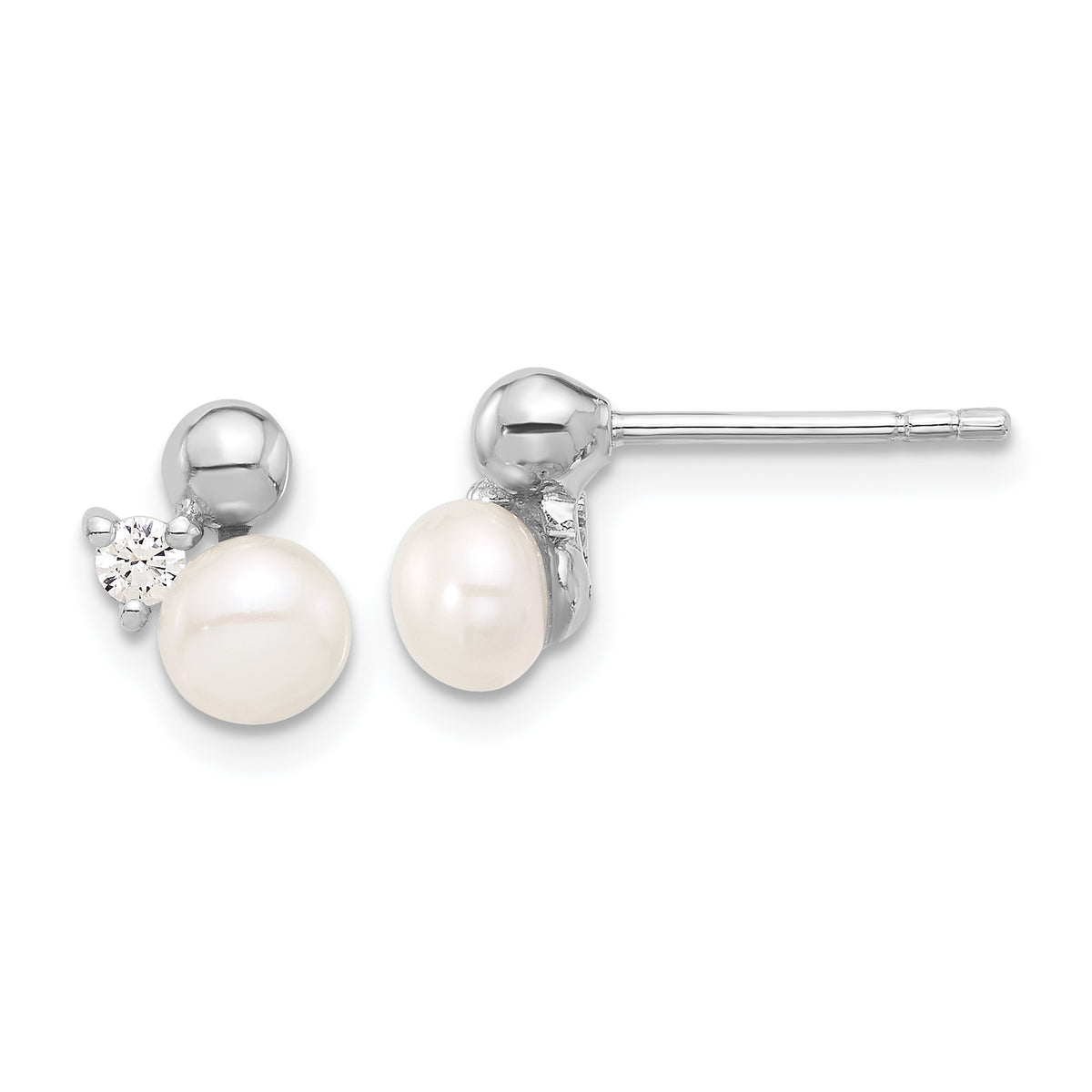 Sterling Silver Rhodium-plated CZ and FWC Pearl Post Earrings