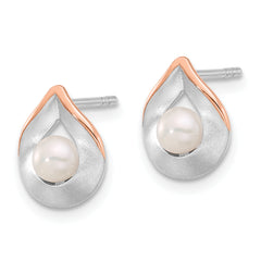 Sterling Silver Rose Gold-plated Brushed/Polished FWC Pearl Earrings