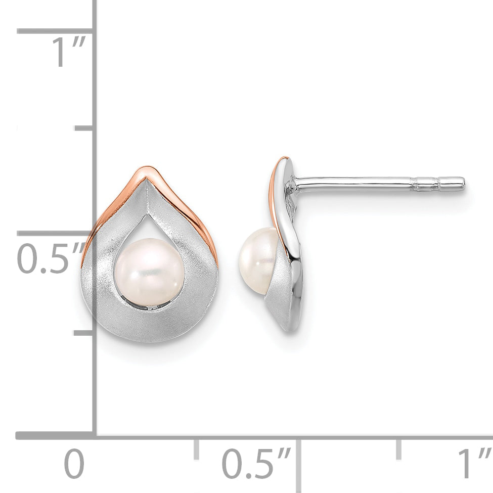 Sterling Silver Rose Gold-plated Brushed/Polished FWC Pearl Earrings