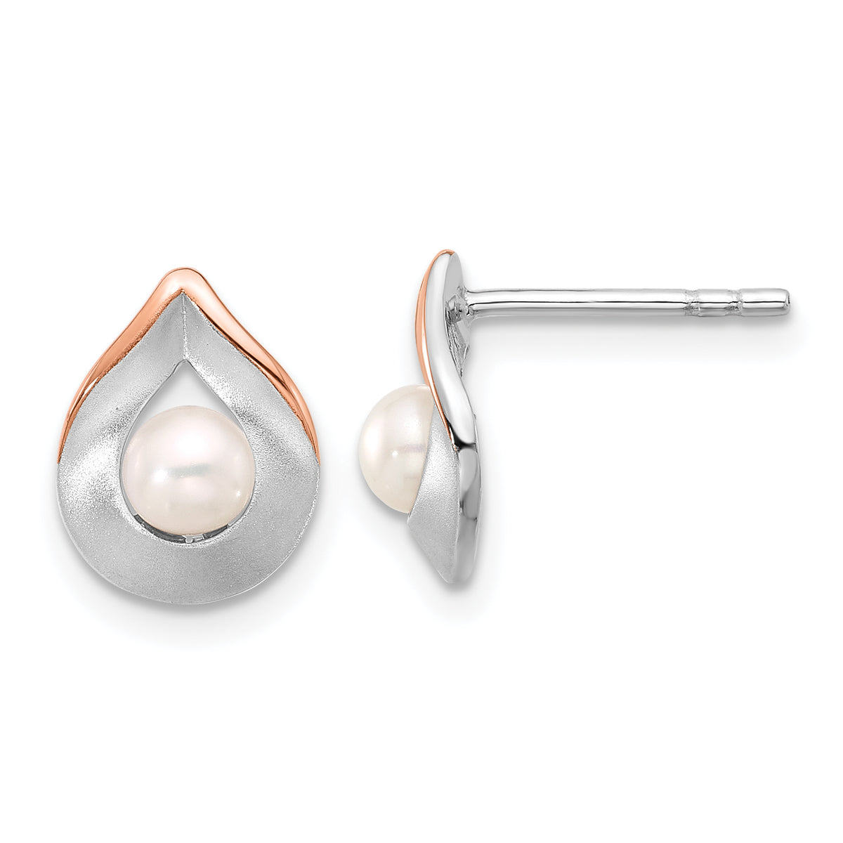 Sterling Silver Rose Gold-plated Brushed/Polished FWC Pearl Earrings