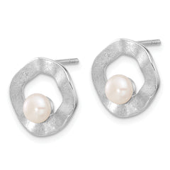 Sterling Silver Rhodium-plated FWC Pearl Scratch Finish Post Earrings