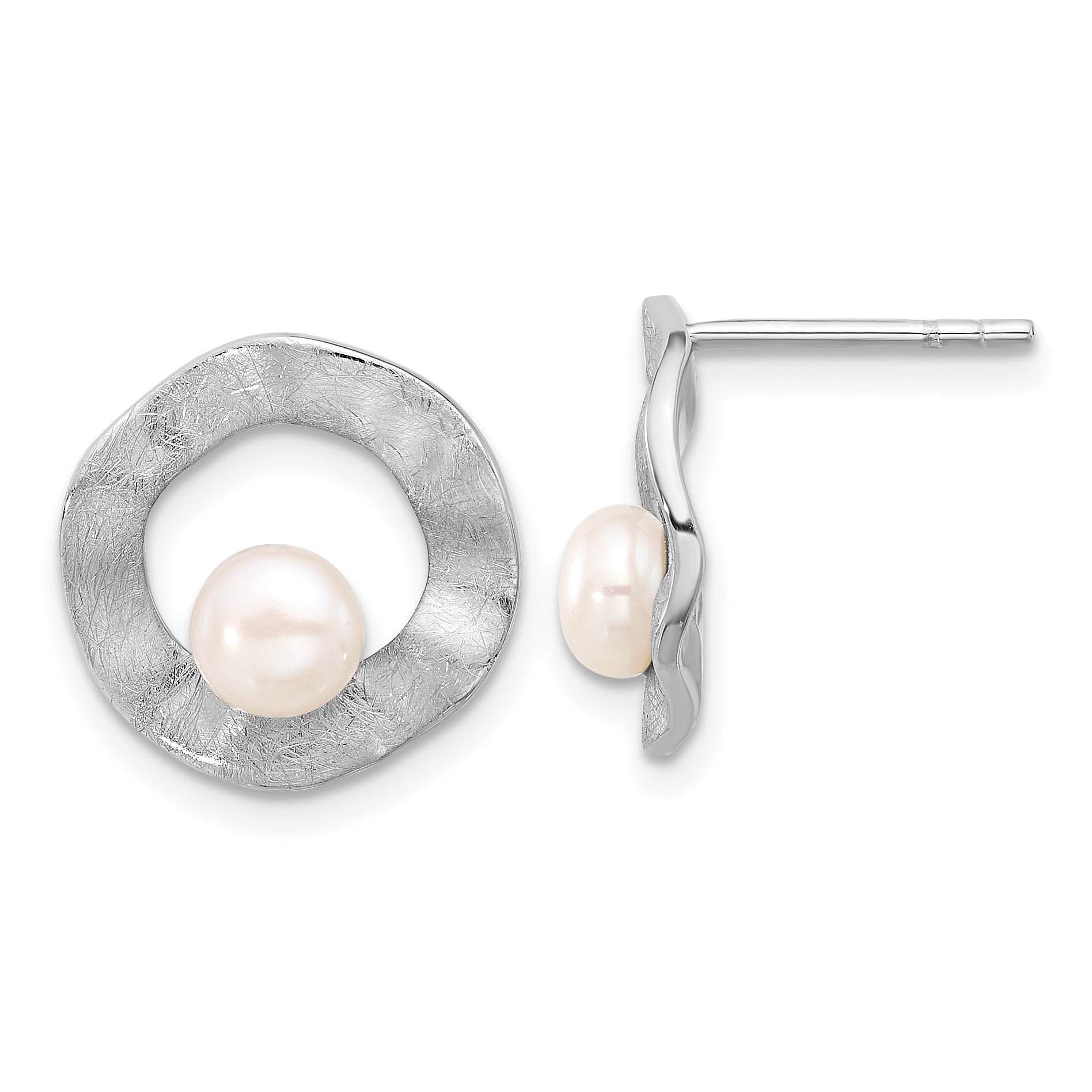 Sterling Silver Rhodium-plated FWC Pearl Scratch Finish Post Earrings