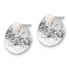 Sterling Silver Rhodium-plated Hammered FWC Pearl Round Earrings