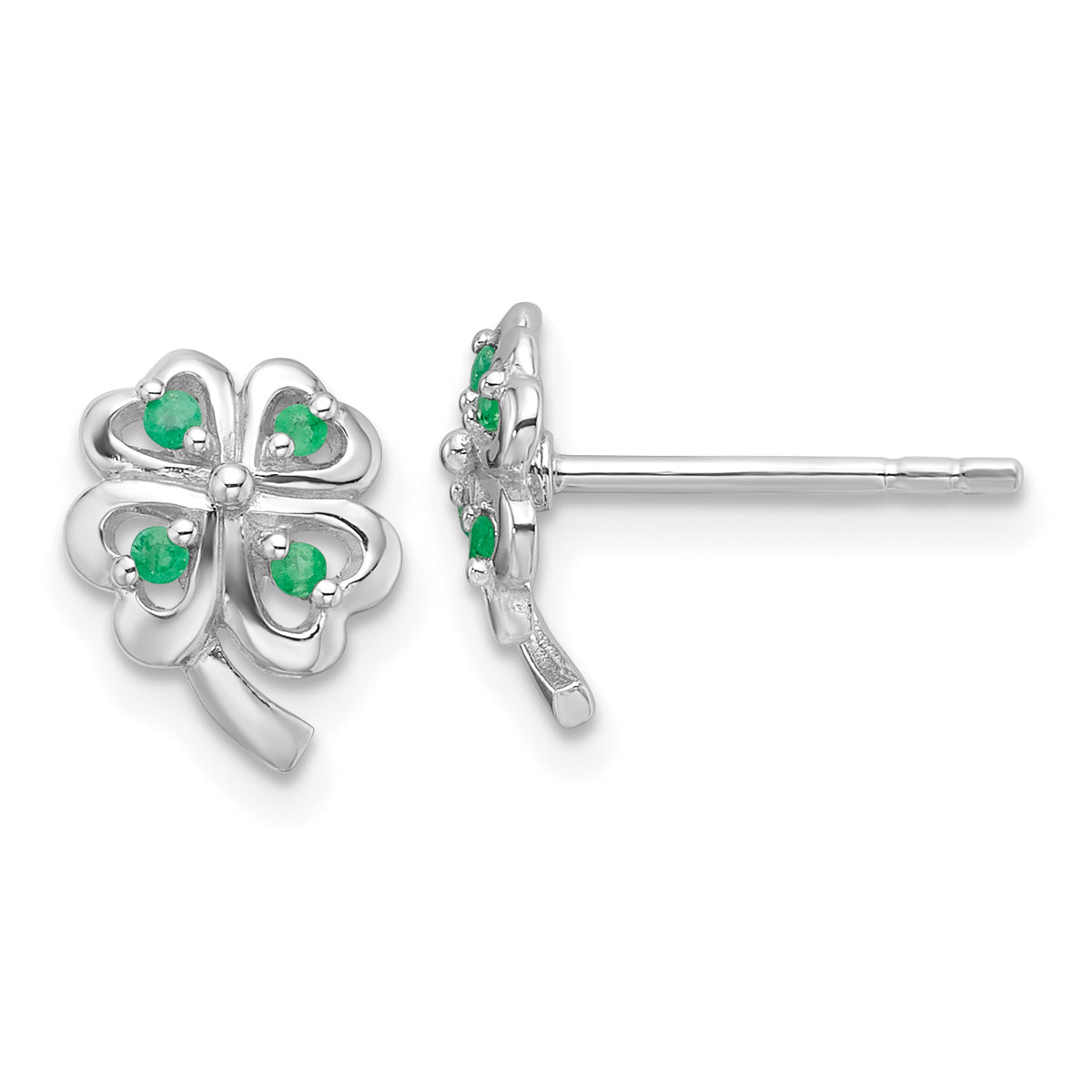 Sterling Silver RH-plated Emerald Four Leaf Clover Post Earrings