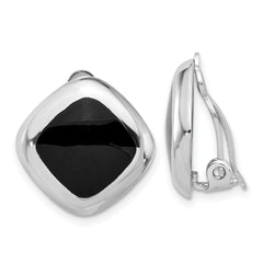 Sterling Silver RH-plated Black Onyx Square Non-Pierced Earrings