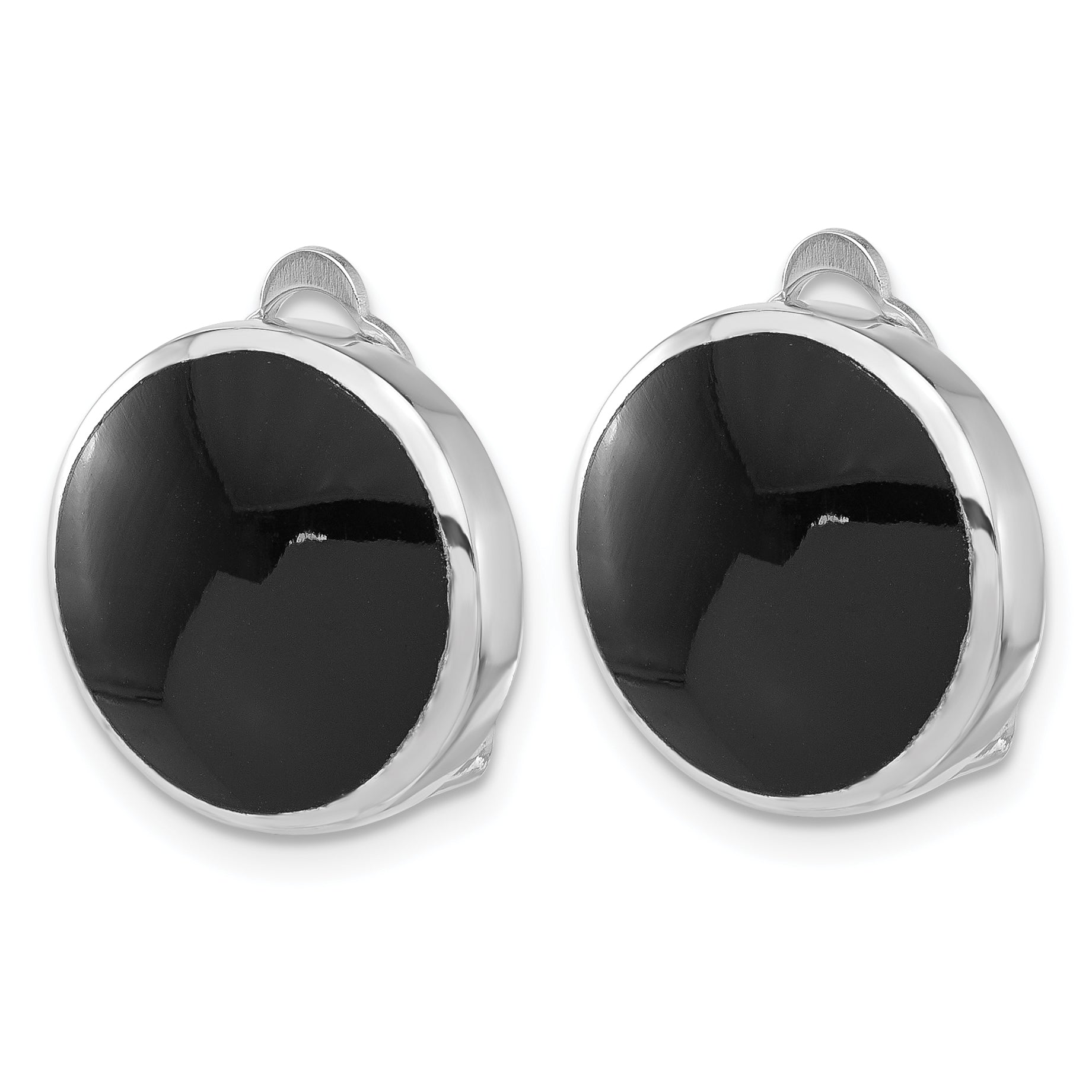 Sterling Silver Rhod-plated Black Onyx Round Non-Pierced Earrings