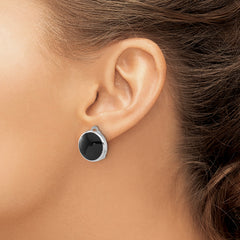 Sterling Silver Rhod-plated Black Onyx Round Non-Pierced Earrings