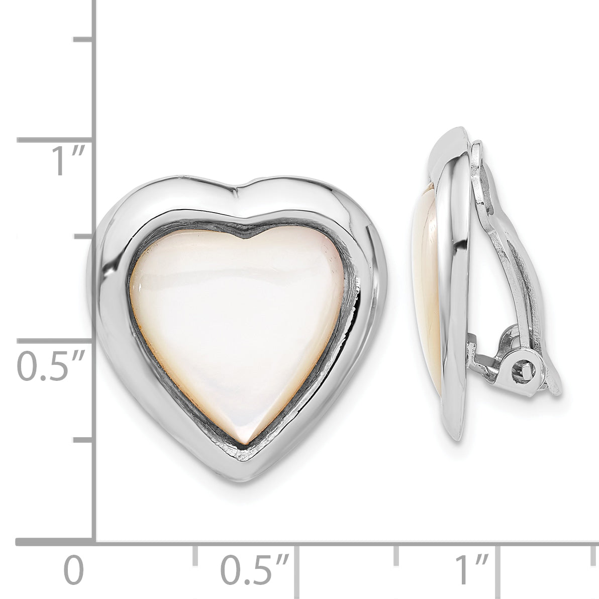 Sterling Silver RH-plated Mother of Pearl Heart Non-Pierced Earrings