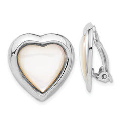 Sterling Silver RH-plated Mother of Pearl Heart Non-Pierced Earrings