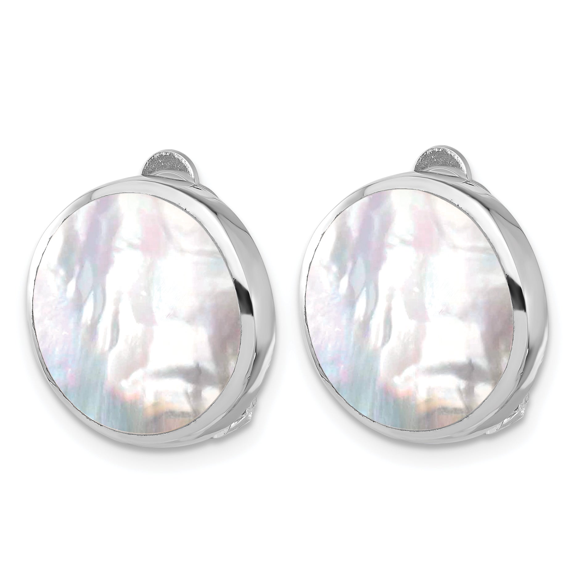 Sterling Silver RH-plated Mother of Pearl Round Non-Pierced Earrings