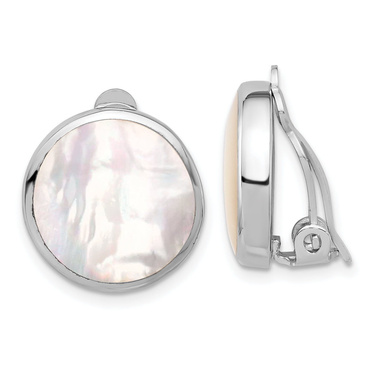 Sterling Silver RH-plated Mother of Pearl Round Non-Pierced Earrings