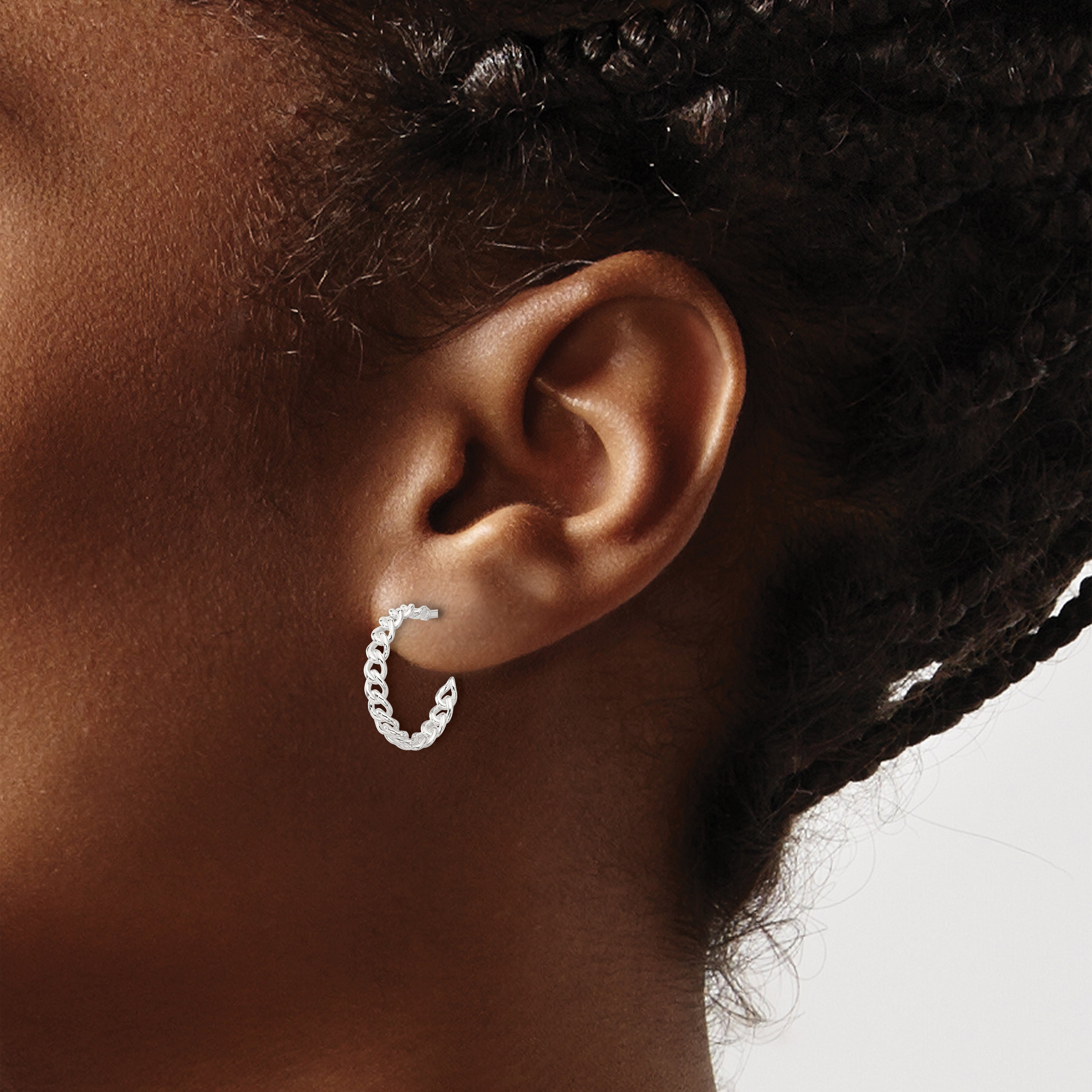 Sterling Silver E-coated Curb Link C-Hoop Earrings