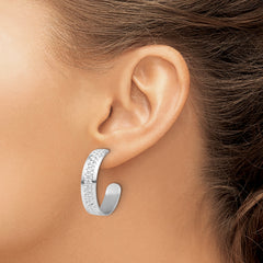 Sterling Silver Rhodium Plated Polished and Textured C-Hoop Earrings