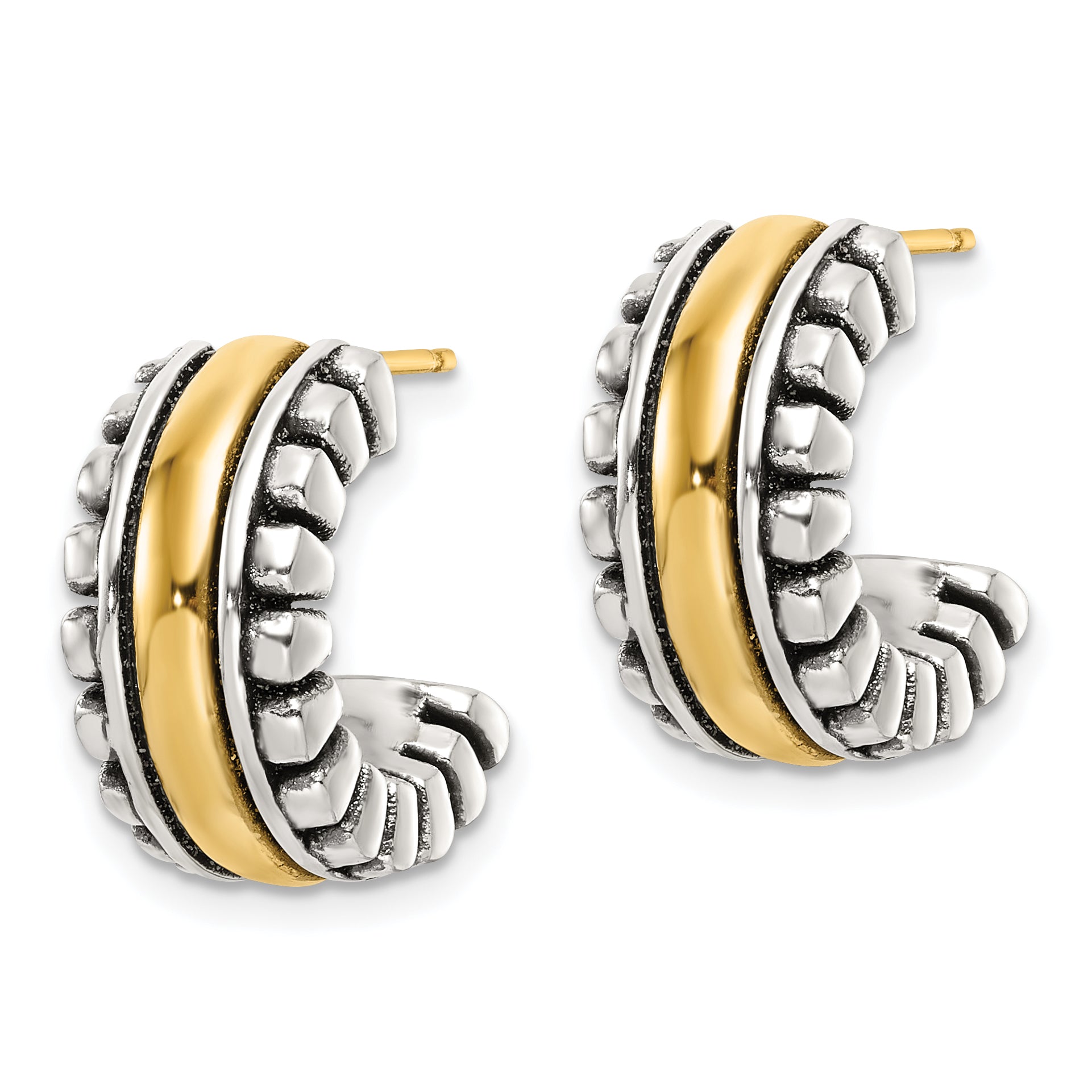 Sterling Silver Gold-tone Polished and Antiqued C-Hoop Earrings