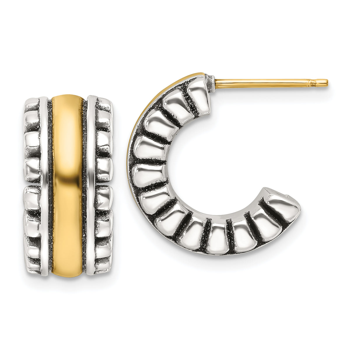 Sterling Silver Gold-tone Polished and Antiqued C-Hoop Earrings