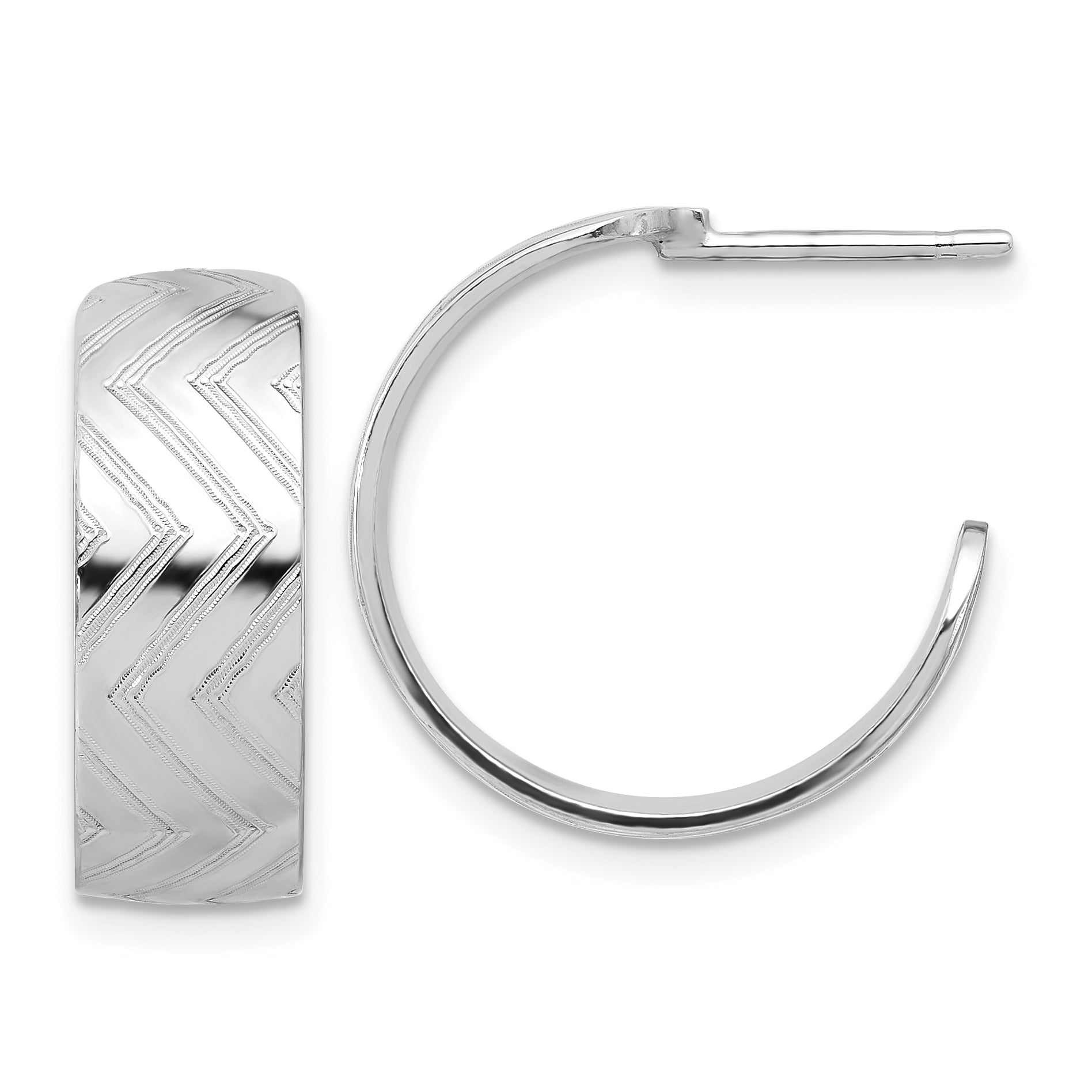 Sterling Silver Rhodium Plated Polished and Etched C-Hoop Earrings