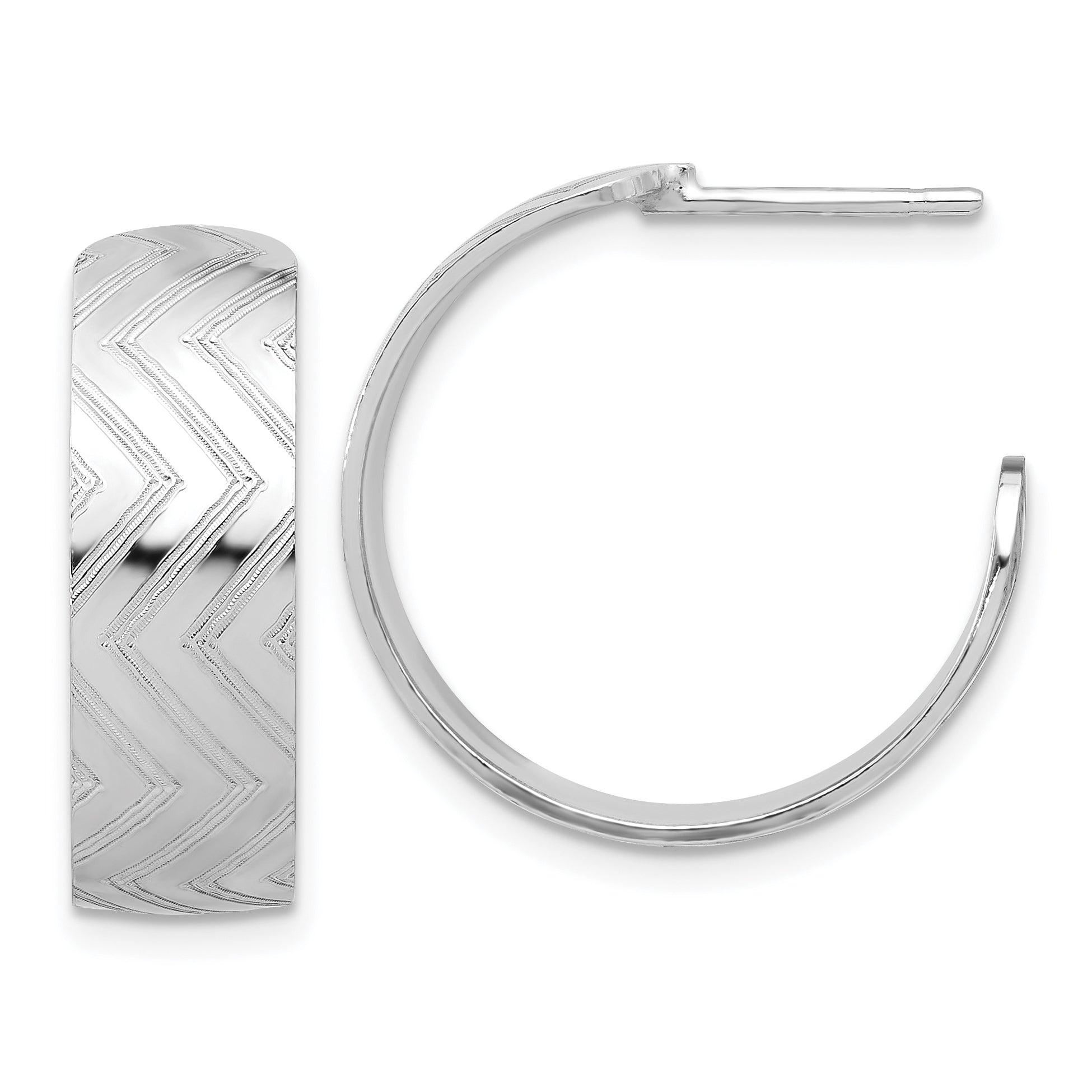 Sterling Silver Rhodium Plated Polished and Etched C-Hoop Earrings