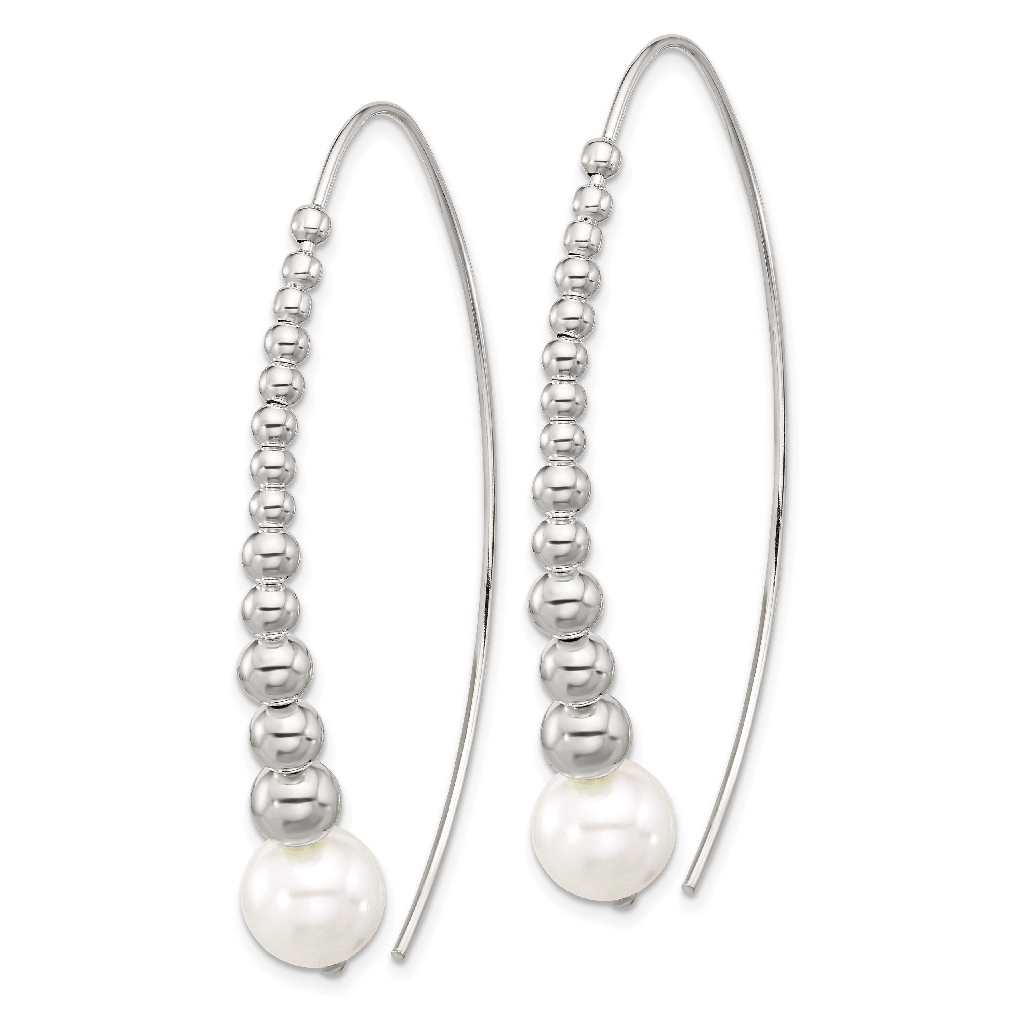 Sterling Silver Polished Beaded Simulated Pearl Threader Earrings