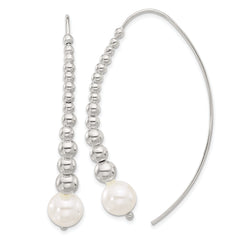 Sterling Silver Polished Beaded Simulated Pearl Threader Earrings