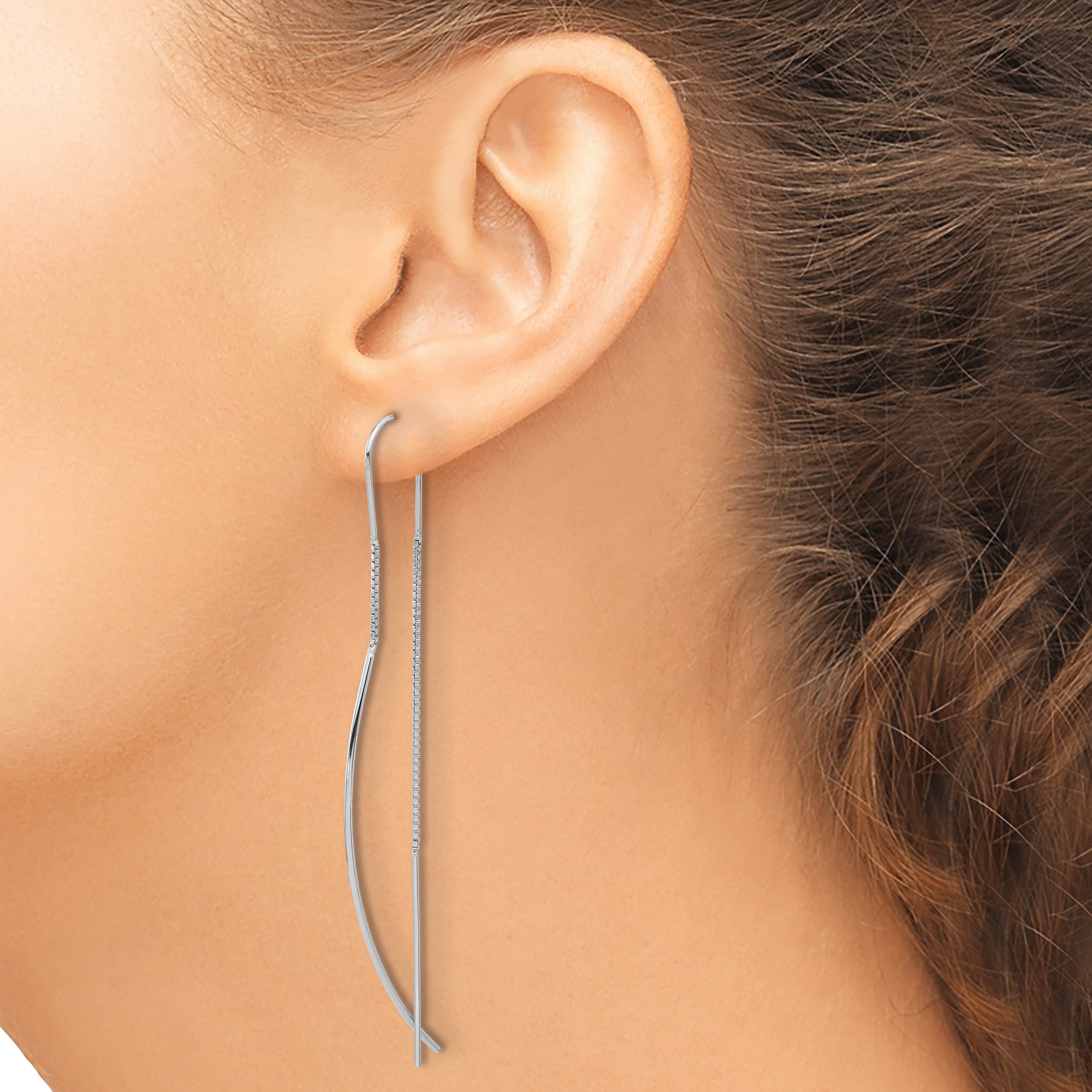 Sterling Silver Rhodium-plated Polished Curved Bar Threader Earrings