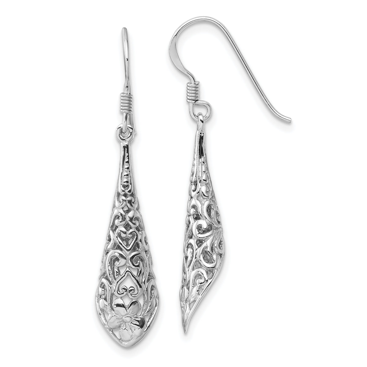 Sterling Silver Rhod-plated Polished Puffed Filigree Flower Earrings