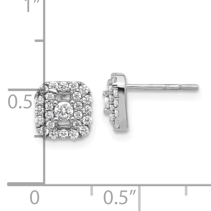 Sterling Silver Rhodium-plated Polished CZ Square Halo Post Earrings