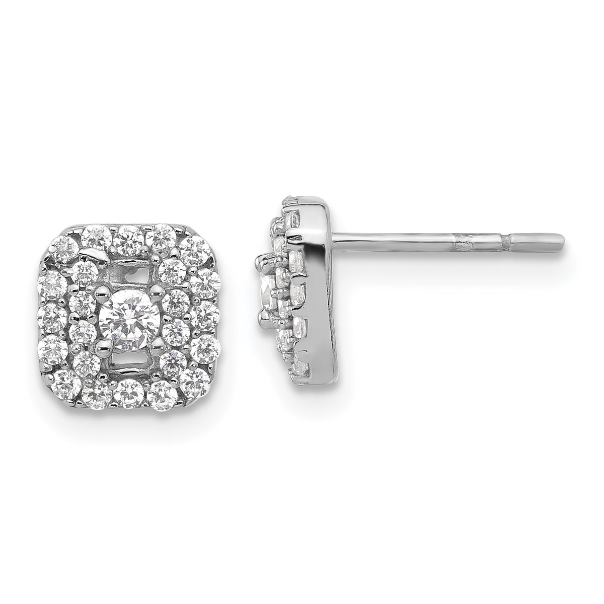 Sterling Silver Rhodium-plated Polished CZ Square Halo Post Earrings