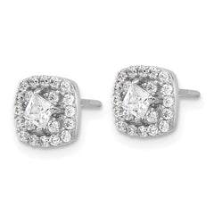 Sterling Silver Rhod-plated Polished CZ Square Center Halo Post Earrings