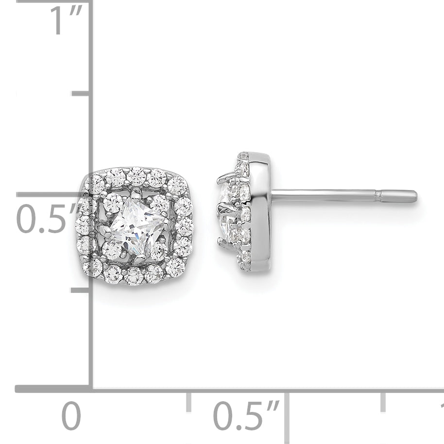 Sterling Silver Rhod-plated Polished CZ Square Center Halo Post Earrings