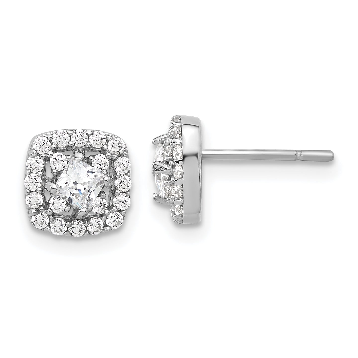 Sterling Silver Rhod-plated Polished CZ Square Center Halo Post Earrings