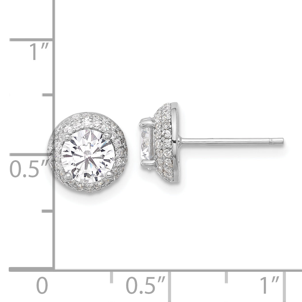 Sterling Silver Rhodium-plated 6mm CZ Double Halo Post Earrings