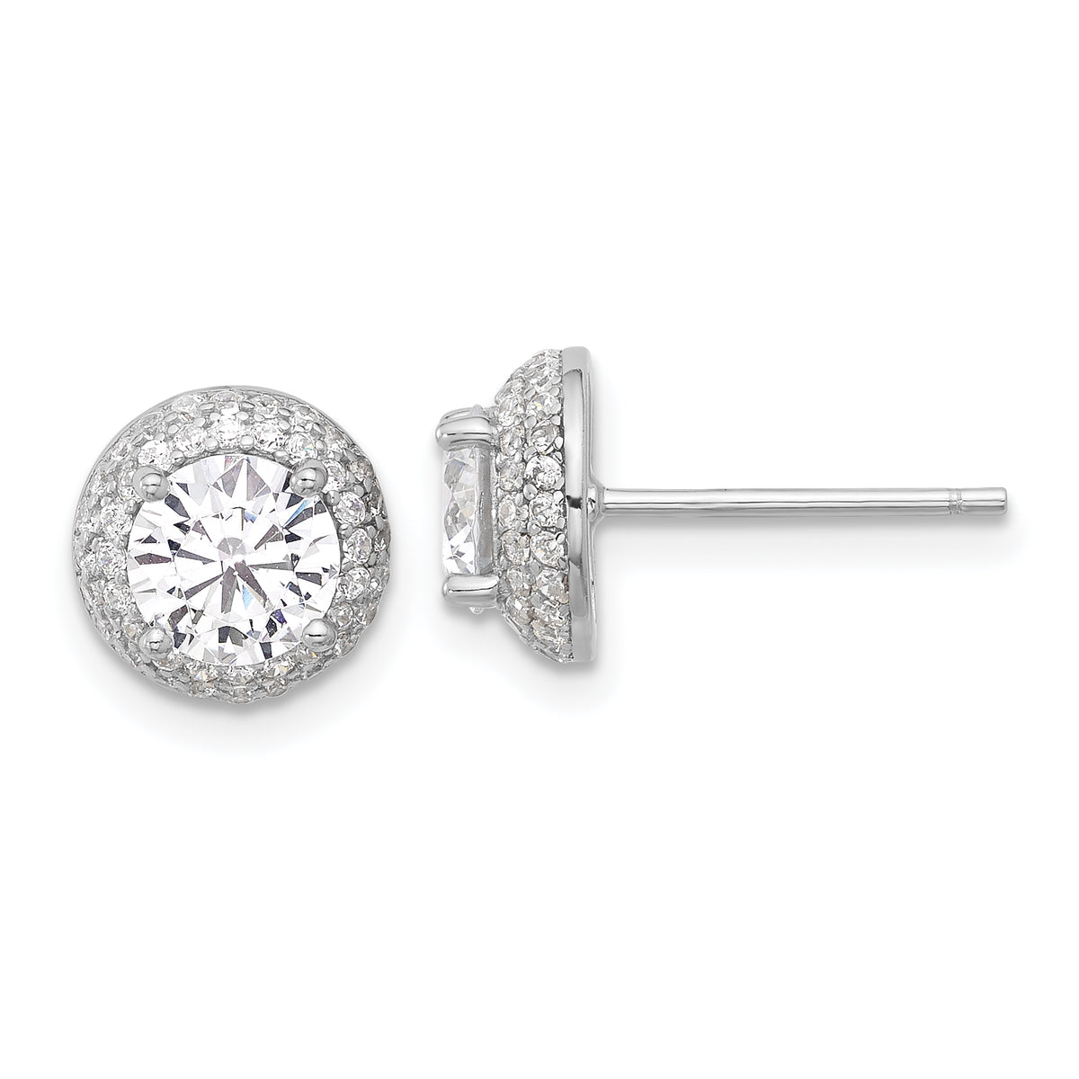 Sterling Silver Rhodium-plated 6mm CZ Double Halo Post Earrings