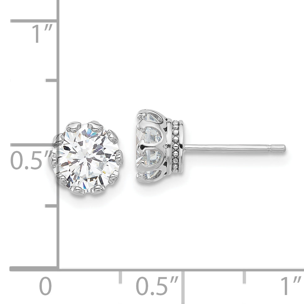 Sterling Silver Rhodium-plated 7mm CZ Crown Post Stud Earrings