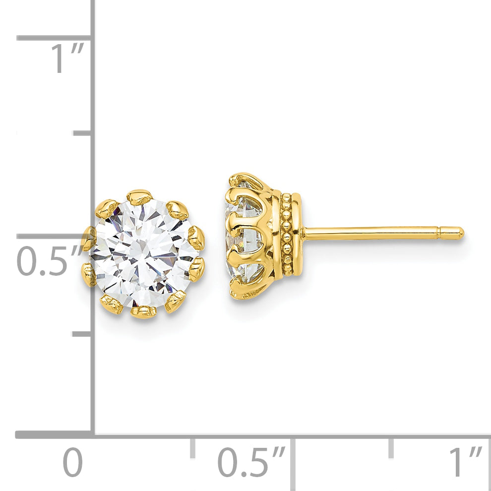 Sterling Silver Gold-tone 7mm CZ Crown Post Stud Earrings