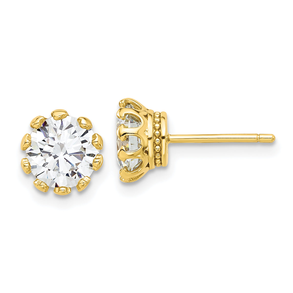 Sterling Silver Gold-tone 7mm CZ Crown Post Stud Earrings