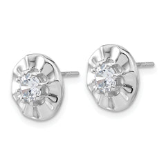 Sterling Silver Rhodium-plated Polished & Rippled Halo CZ Post Earrings