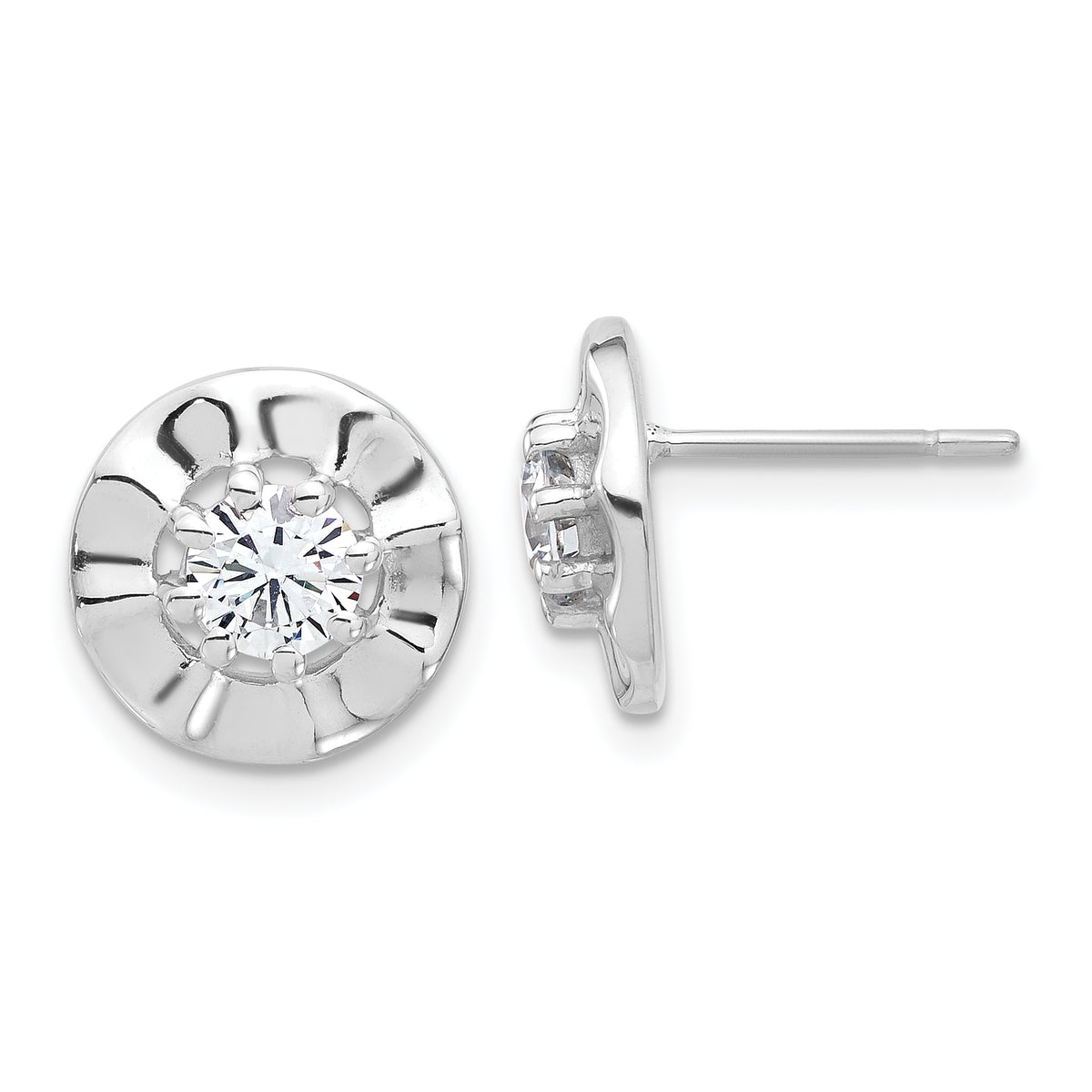 Sterling Silver Rhodium-plated Polished & Rippled Halo CZ Post Earrings