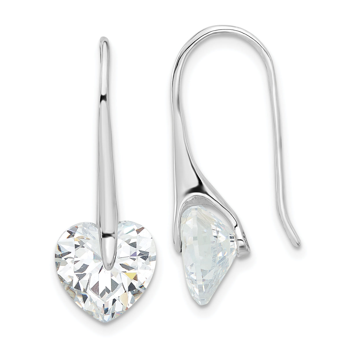 Sterling Silver Rhod-plated Polished Heart CZ Threader Hook Earrings