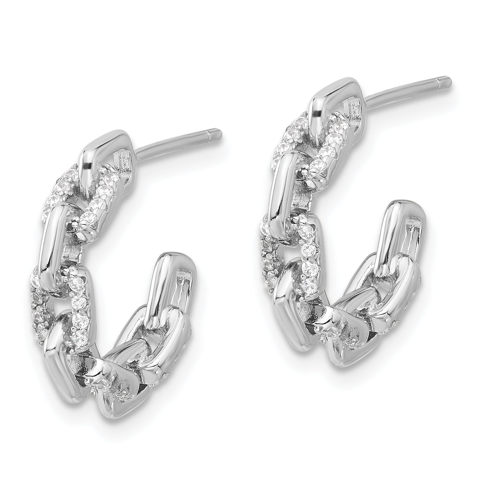 Sterling Silver Rhodium-plated with CZ Link Design Post Hoop Earrings